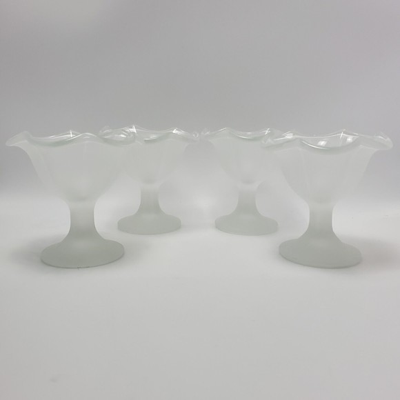 Vintage Pedesta Frosted Tulip Satin Sundae Ice Cream Dessert Glass Dishes 4 Sets - Picture 8 of 12